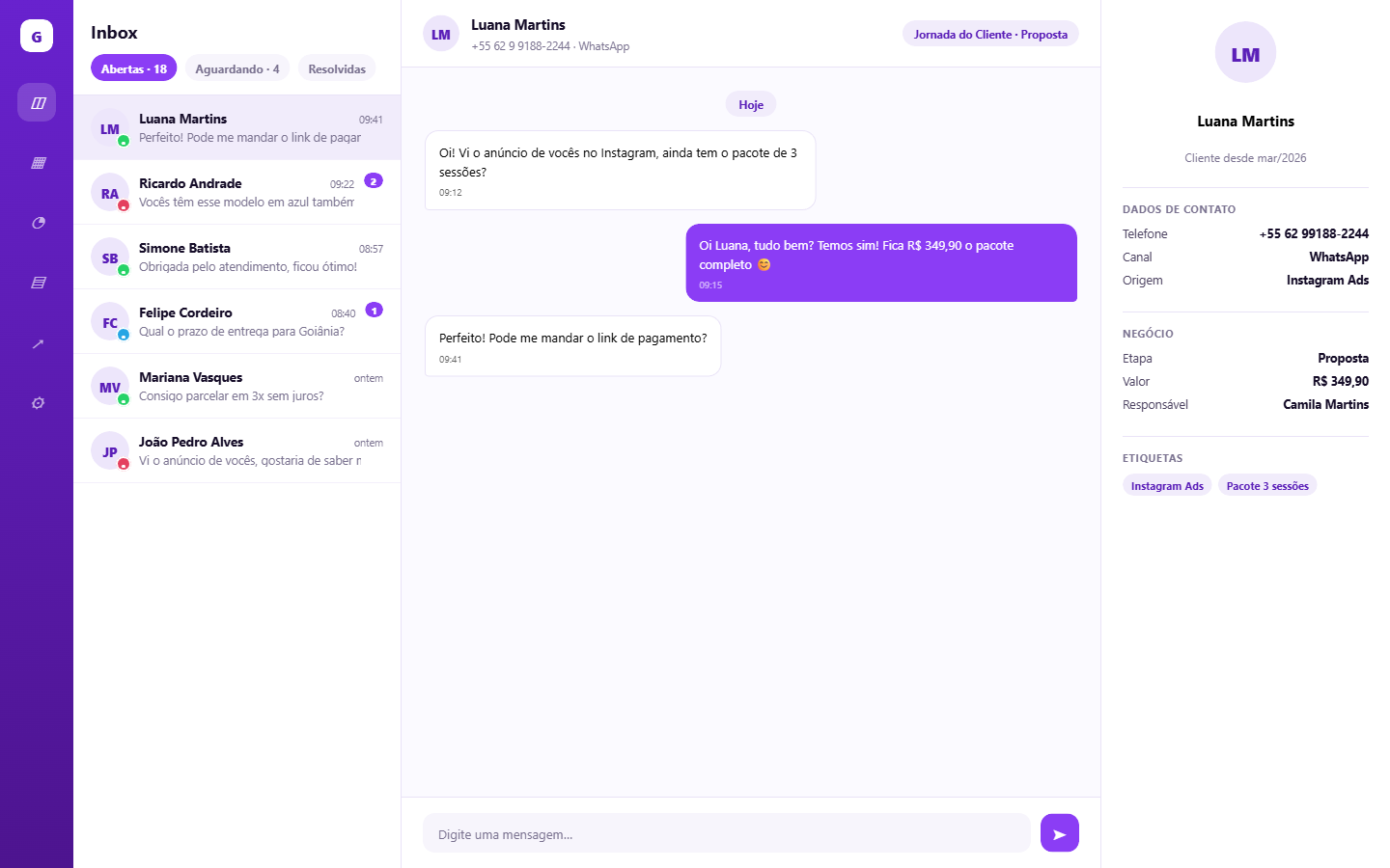 Tela do Inbox multicanal do Glix, com a lista de conversas à esquerda, a conversa aberta no centro e os dados do contato à direita.